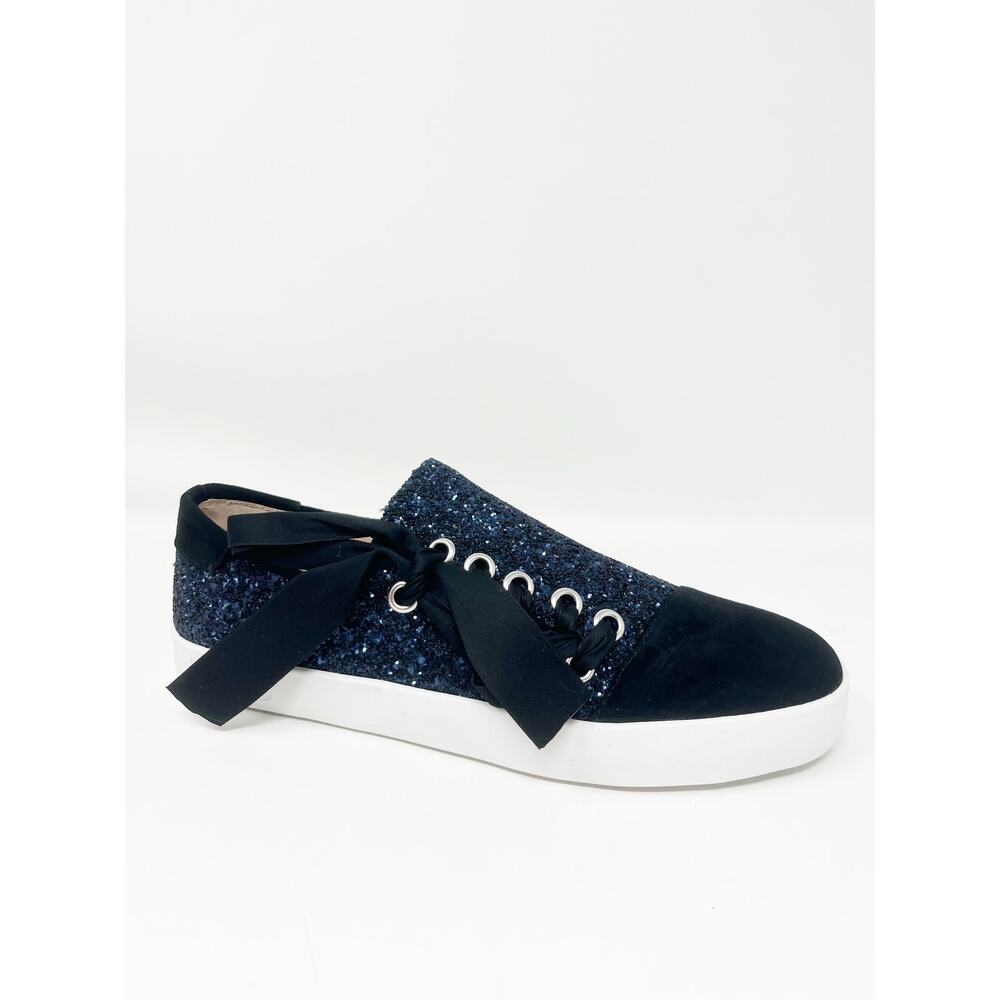 AVEC LES FILLES SZ 9 Vera Navy Glittered Black Suede Bow Slip-On Sneakers
